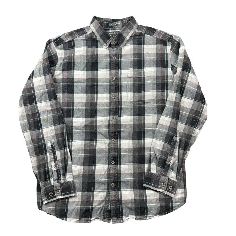 Eddie Bauer Mens Large Tall Relaxed Fit Gray Plaid Button Down Shirt Rugged Work